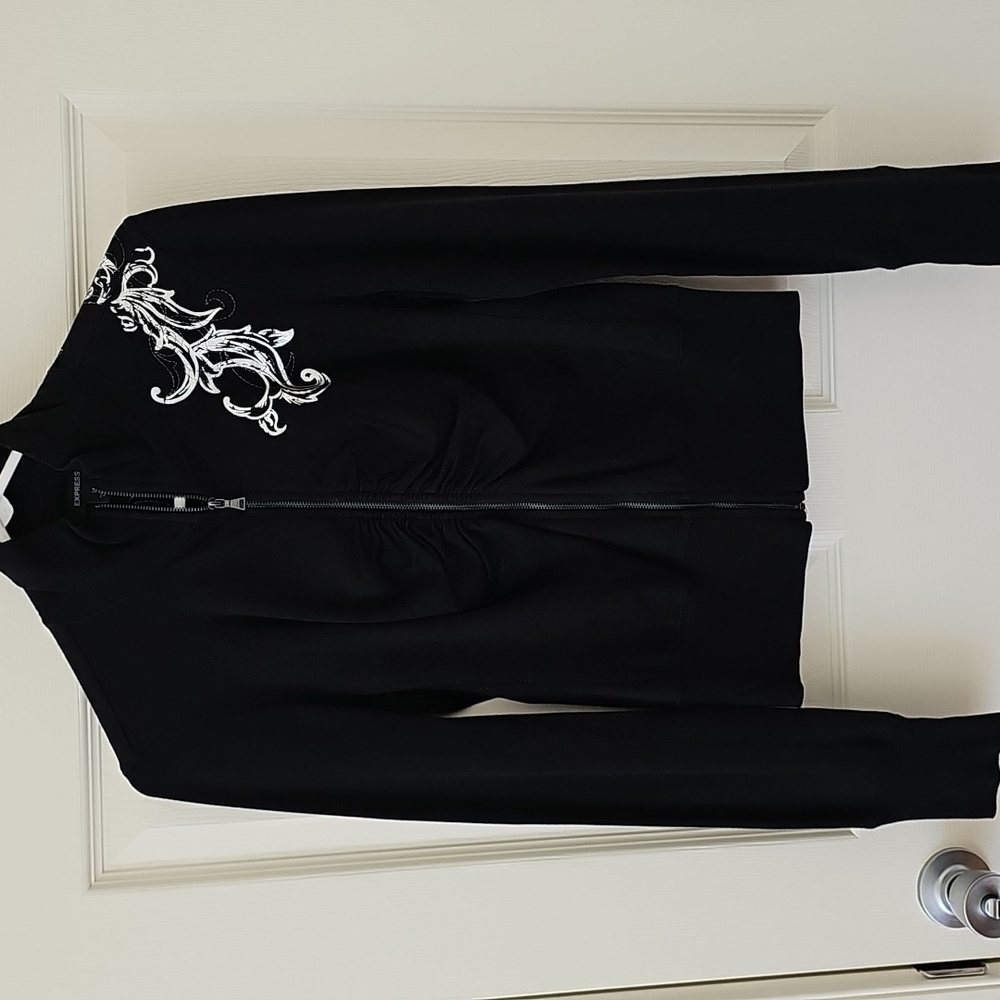 Express Black Zip Up Sweater Jacket w/ Silver & Thread Embroidered Design